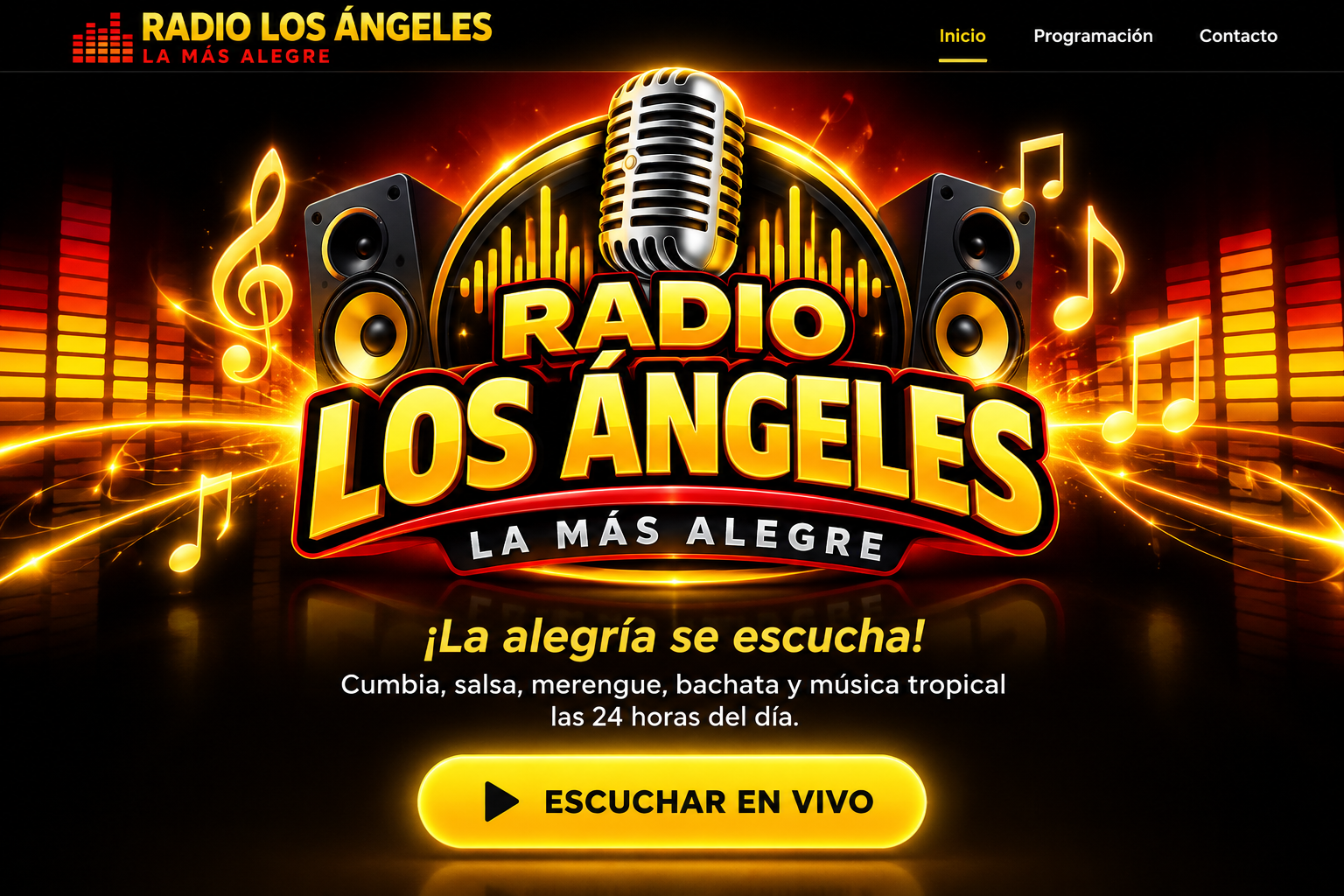 Radio Los Ángeles, La Más Alegre. ¡La alegría se escucha! Cumbia, salsa, merengue, bachata y música tropical las 24 horas. Botón Escuchar en vivo.